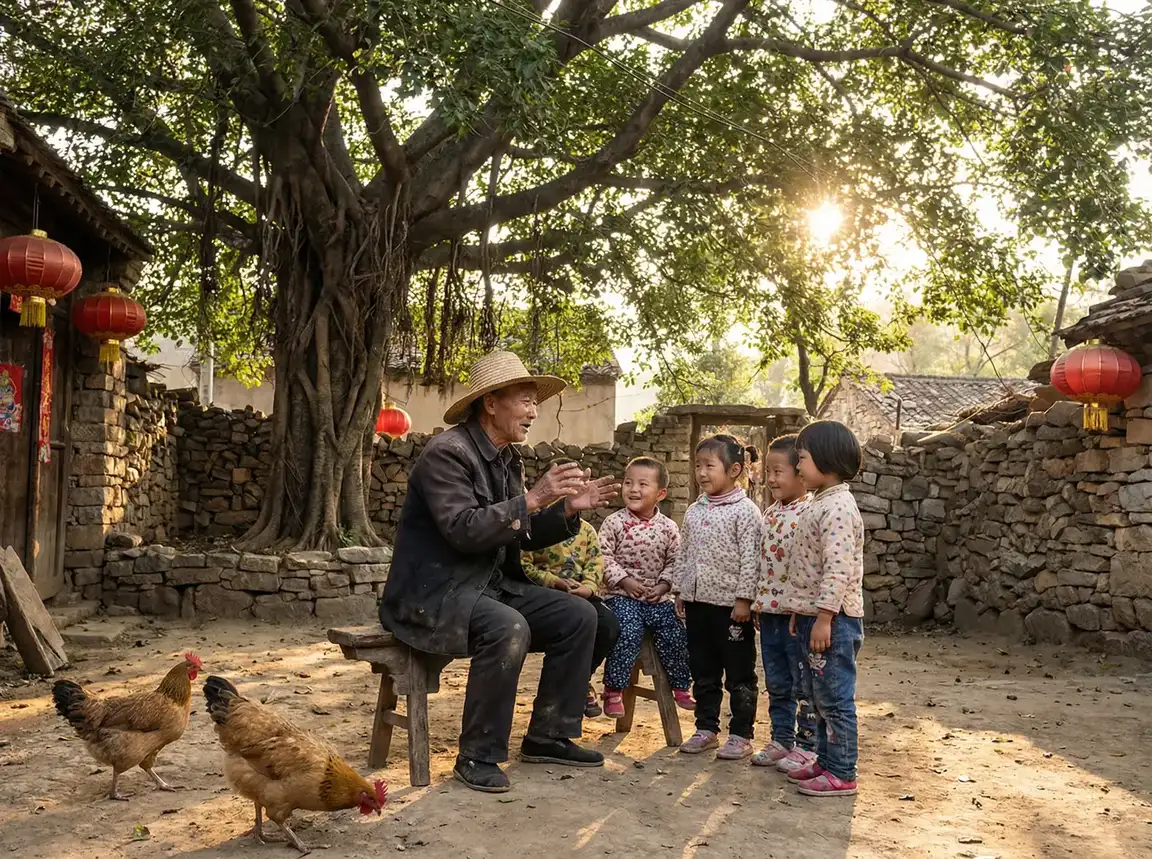 老人在大榕树下给孩子们讲故事 - 新金梅瓶2 乡村记忆